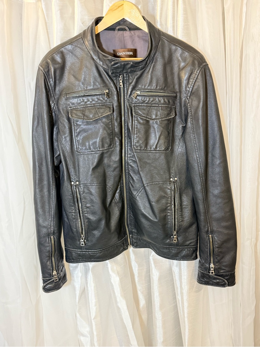 Danier Black Leather Bomber Jacket with Zip Pockets